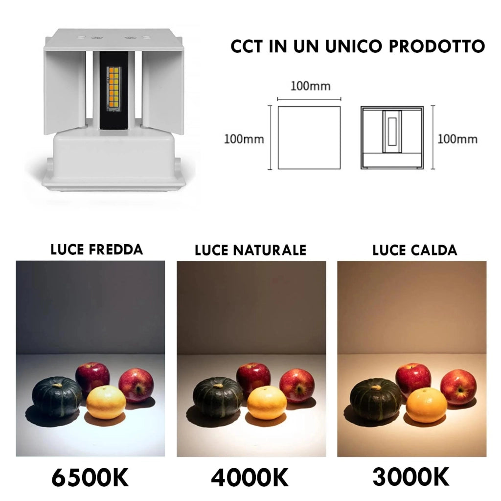 Applique cubo IP65 LED 12W CCT da 3000K a 6500K lampada parete moderna doppio fascio luminoso luce facciata giardino terrazzo BIANCO