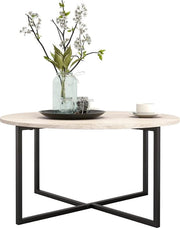 Tavolo salotto rotondo, tavolo da soggiorno, tavolo da divano, tavolo salotto, struttura in metallo e superficie in legno, design industriale e Scandinavo, tavolo da soggiorno moderno, nero.