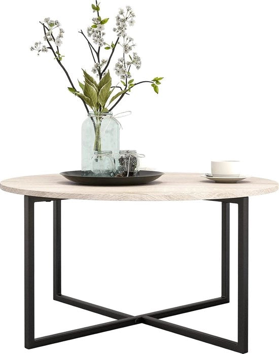 Tavolo salotto rotondo, tavolo da soggiorno, tavolo da divano, tavolo salotto, struttura in metallo e superficie in legno, design industriale e Scandinavo, tavolo da soggiorno moderno, nero.