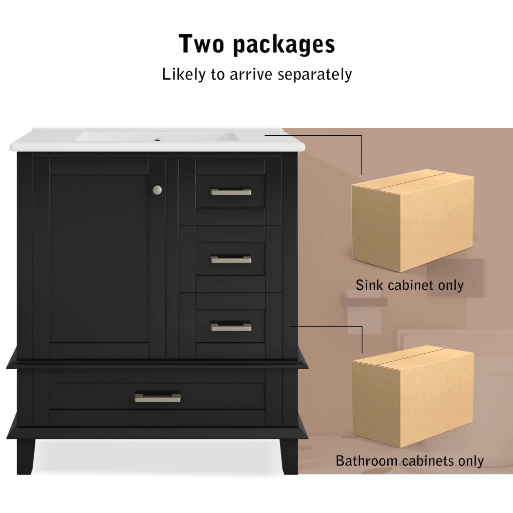 Mobile sottolavabo con lavabo in ceramica, 3 ante, 1 cassetto e ripiano regolabile, per bagno, nero, 76 × 45,5 × 83,5 cm