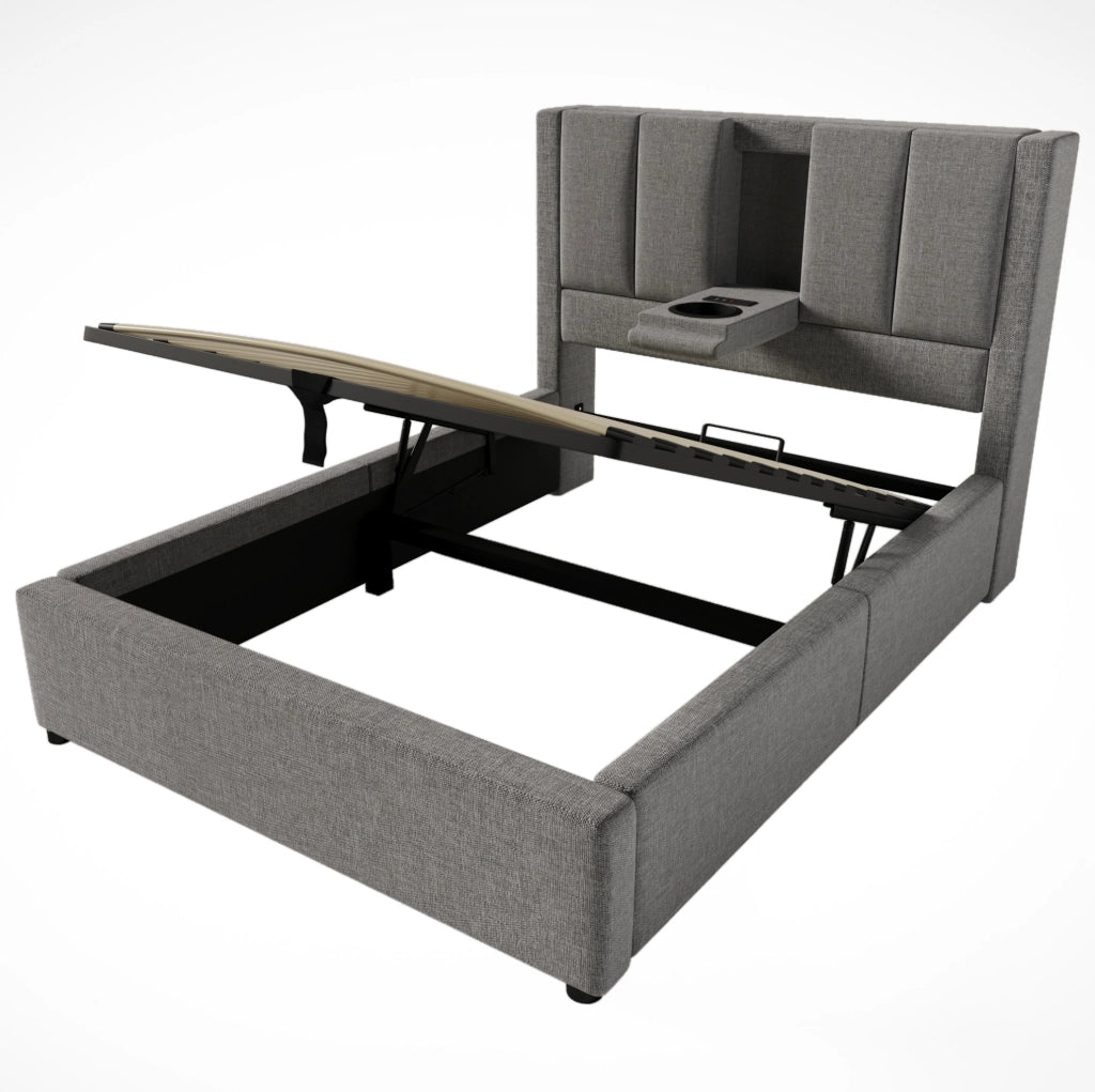 Letto imbottito 90x200 cm con contenitore; portabicchiere e stazione di ricarica; grigio