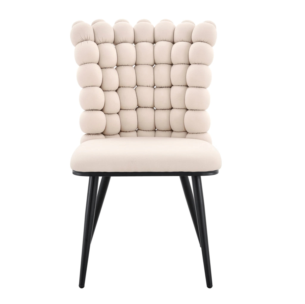 Sedia da pranzo in velluto con schienale a catena di sfere e gambe in metallo nero; bianco crema