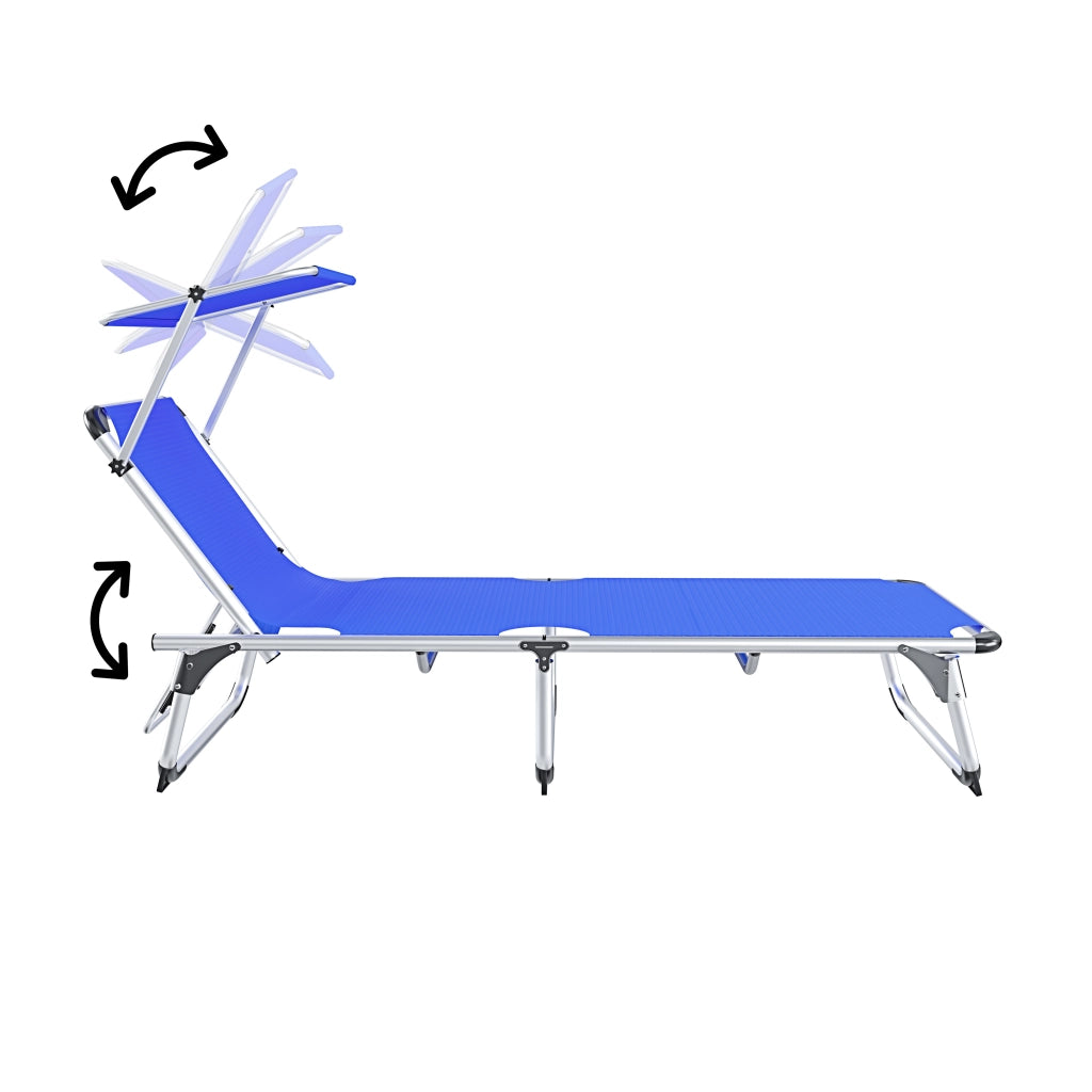 Coppia Di Lettini Pieghevole Prendisole Tettuccio Parasole Schienale Reclinabile Regolabile 6 Posizioni Struttura In Alluminio Sedia Sdraio Spiaggia Mare Giardino Piscina 187 x 59 x 29 Cm (Blue)