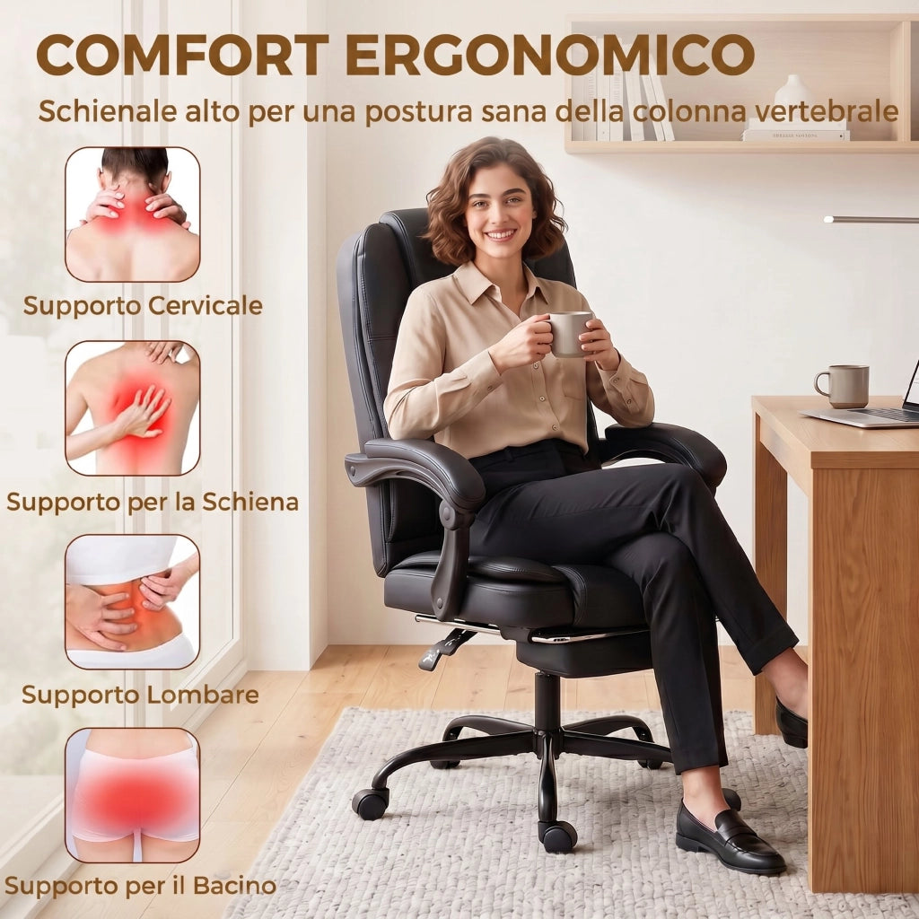 Sedia da Ufficio Ergonomica e Reclinabile 150¡ã con Poggiapiedi, in Cotone e Metallo, 65x67x112-122 cm, Nero