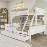 DESMIU Letto a castello bambino 3 posti 90 × 200 cm e 140 × 200 cm con ripiani e 2 cassetti, senza materasso, bianco e naturale