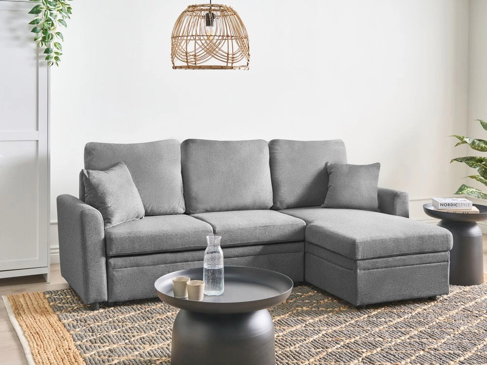 Divano letto angolare con contenitore lato sinistro grigio rivestimento in poliestere effetto lino contenitore cuscini design moderno