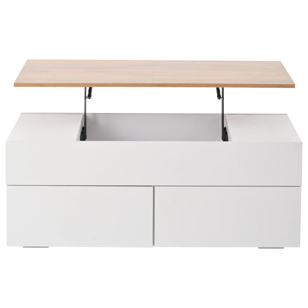 OKWISH Tavolino da Caffè Alzabile con 2 Cassetti e Vani Semiaperti, per Soggiorno, in Pannello di Particelle, Bianco, 100×50×40 cm