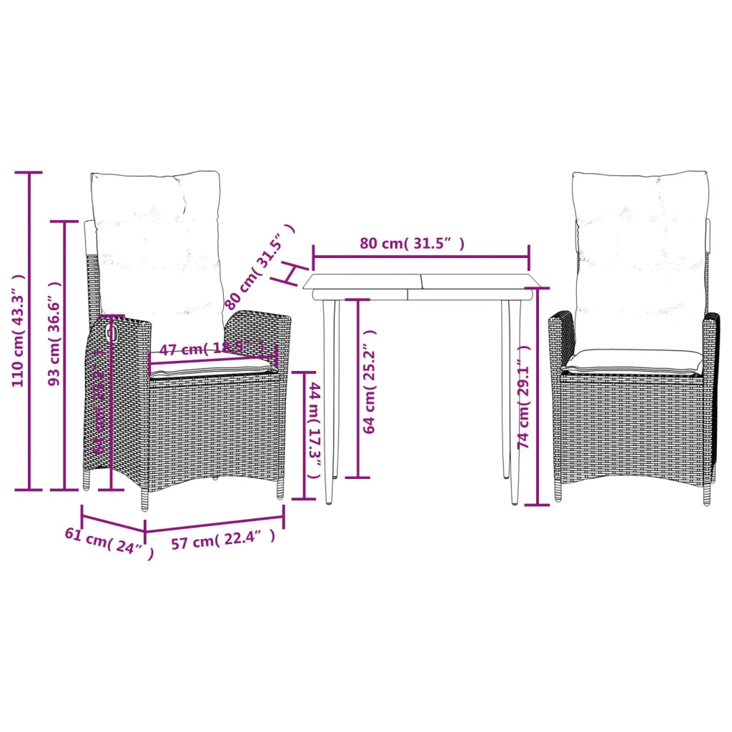 Set da Pranzo da Giardino 3pz con Cuscini in Polyrattan Marrone