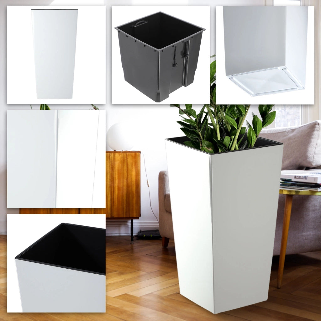 Vaso da giardino KADAX con inserto, 34 x 68 cm di altezza, bianco lucido, con grandi fiori.
