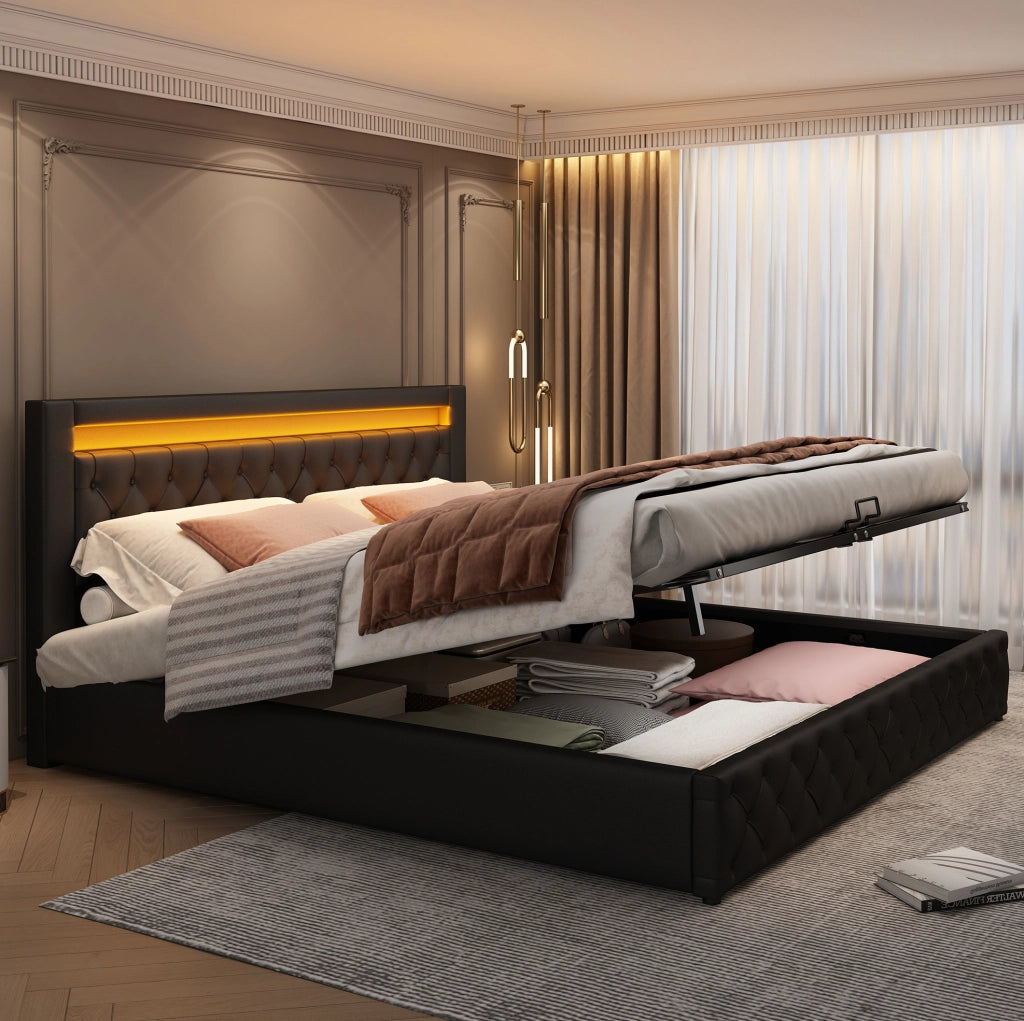 Letto imbottito 140x200 cm con LED e vano contenitore