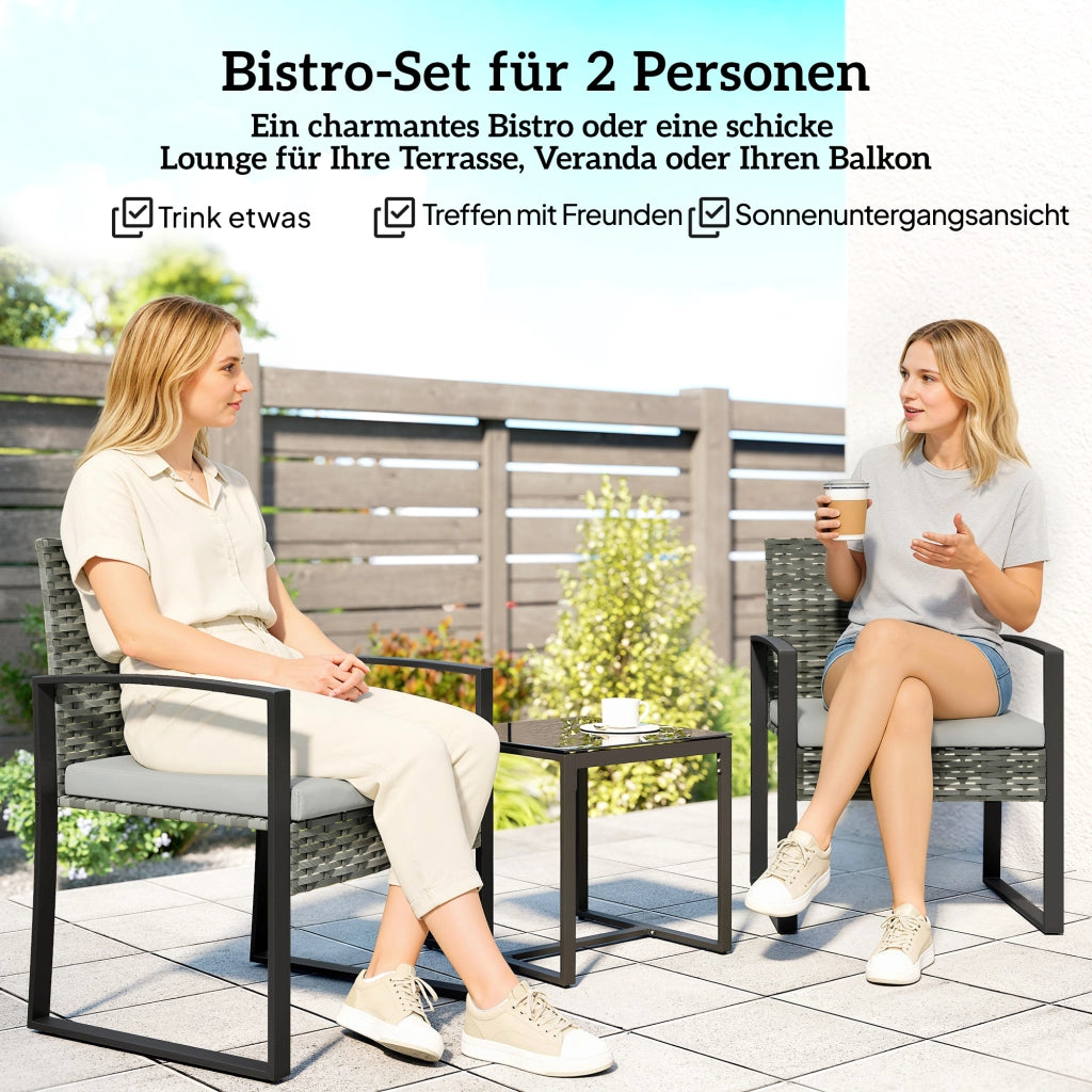 Set bistrot in rattan a 3 pezzi: 2 poltrone da giardino + tavolino da caffè; cuscini rimovibili; grigio chiaro