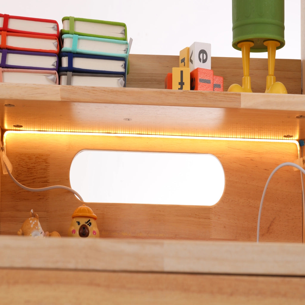 Scrivania per bambini, regolabile in altezza, con cassetto, ripiani, luce a LED, porta USB, color rovere