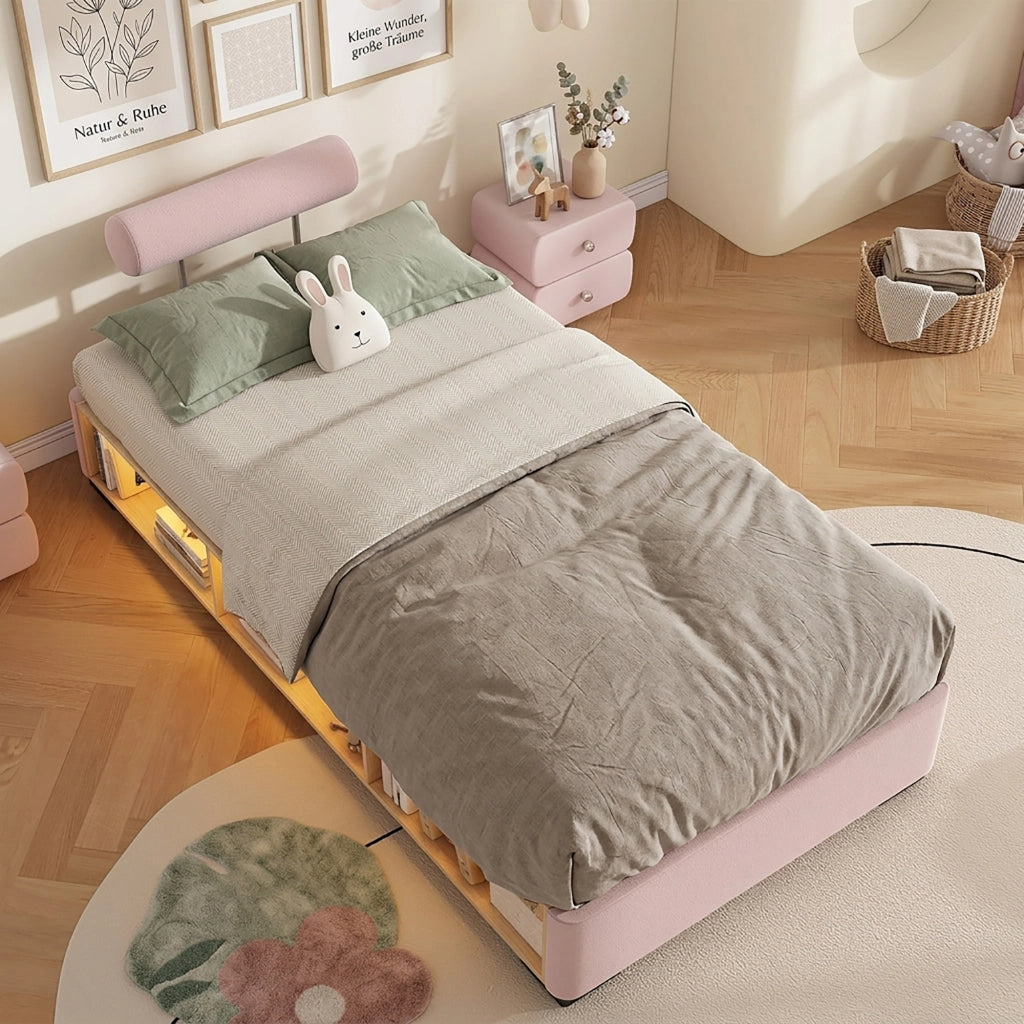 Letto per Bambini 90x200 cm - LED; Mensole e Testiera Montabile - Velluto - Rosa