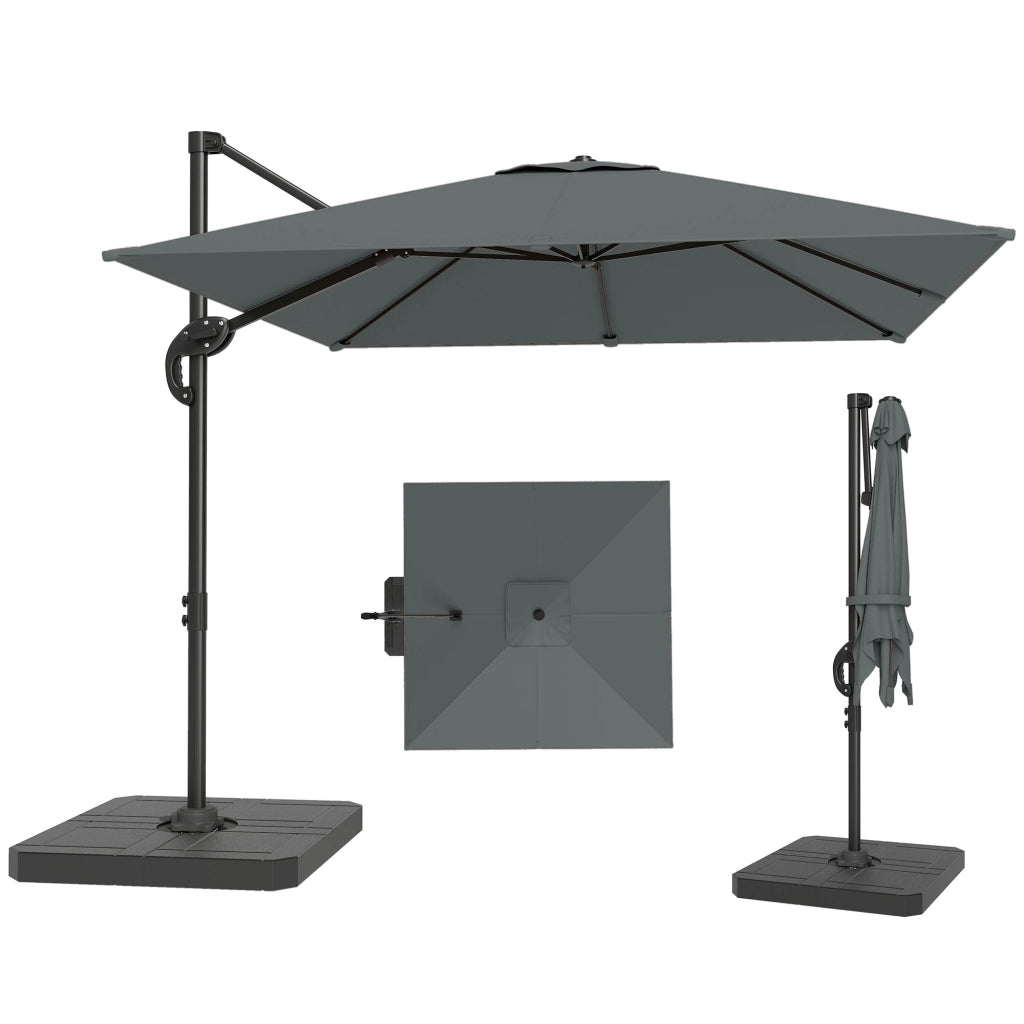 Ombrellone da Giardino a Manovella 2.4x2.4m con Base Riempibile e Girevole, Grigio Scuro