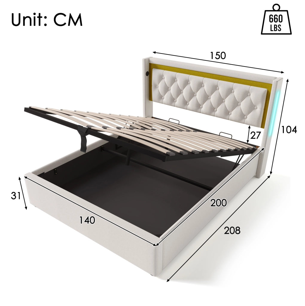 Letto matrimoniale LED con contenitore, USB e materasso incluso