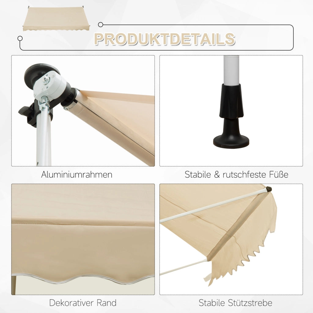 Tenda a braccio pieghevole 300 x 150 cm altezza regolabile con pinza protezione solare manovella manuale telaio alluminio colore beige