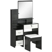 Set Da Toeletta Tavolo Da Trucco Con Sgabello Imbottito Grande Specchio + Più Ripiani Aperti + 4 Cassetti Nero Bianco