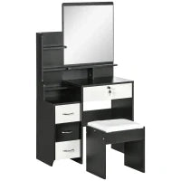 Set Da Toeletta Tavolo Da Trucco Con Sgabello Imbottito Grande Specchio + Più Ripiani Aperti + 4 Cassetti Nero Bianco