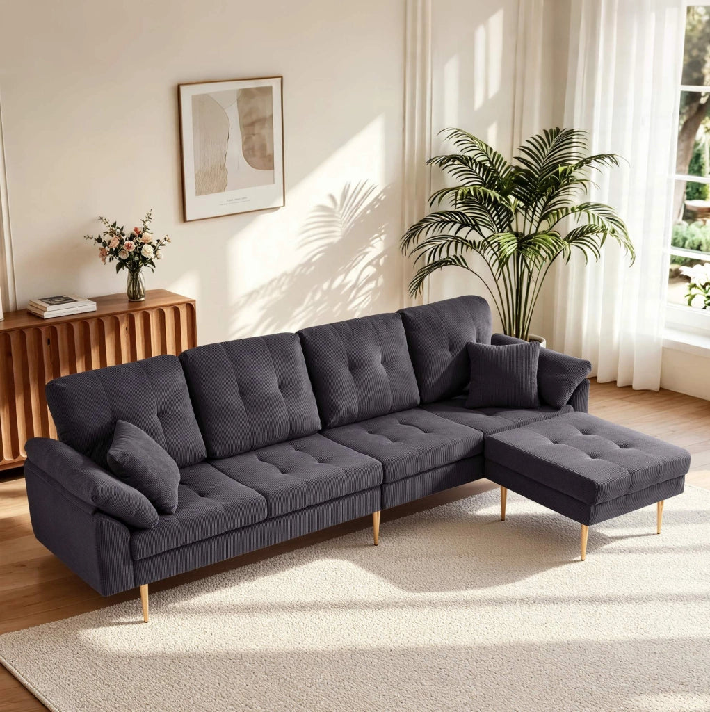 Divano 4 posti 250 cm in velluto a coste grigio scuro con pouf modulabile HOMVRA