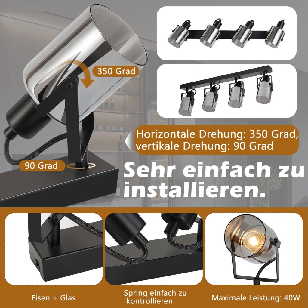 ZMH Faretto da soffitto 4 fiamme vetro grigio fumé E14 per camera letto