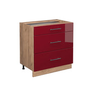 Mobiletto base per cucina Fame-Line Bordeaux lucido/Rovere dorato 80 cm con 3 cassetti, senza piano di lavoro Vicco