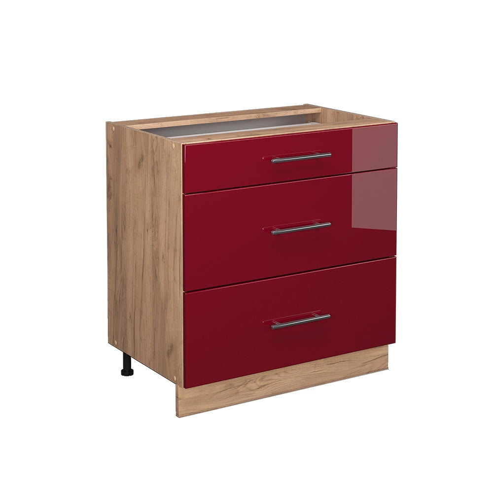 Mobiletto base per cucina Fame-Line Bordeaux lucido/Rovere dorato 80 cm con 3 cassetti, senza piano di lavoro Vicco