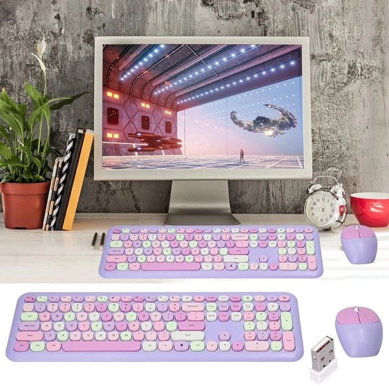 Combinazione tastiera e mouse gaming wireless - Disegno ergonomico - Colori pastello - Risoluzione ottica 1200 - Adatto per PC