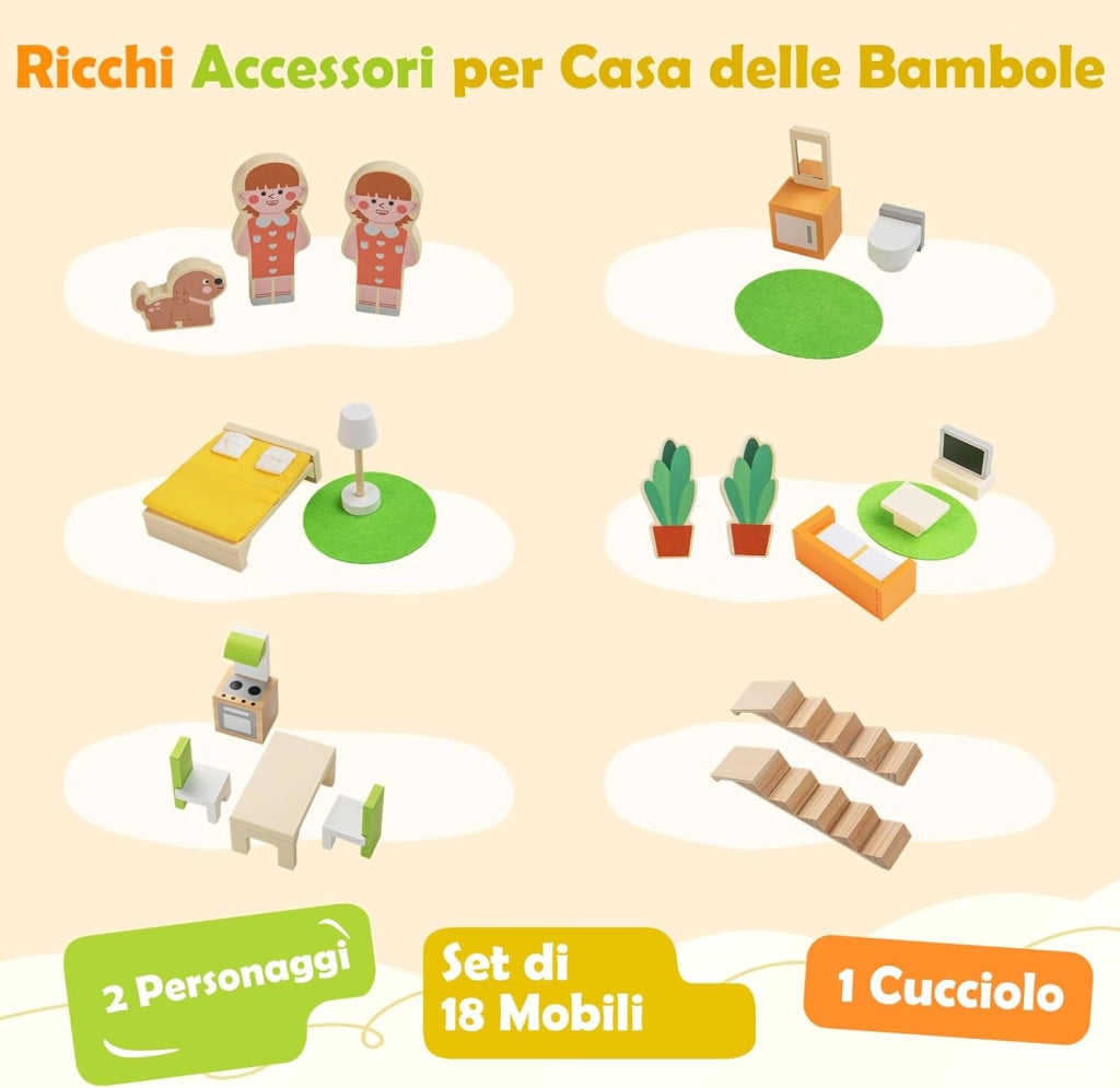 Casa delle Bambole in Legno, Casa Bambole con 4 Piani, 7 Stanze, Garage e Scale, Casetta Giocattolo Educativo con 18 Mobili Accessori e 3 Figure, per Bambini 3+ Anni, 60 x 30 x 75 cm