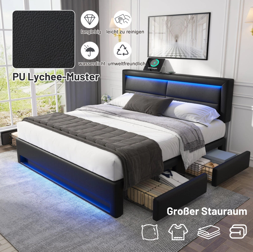 Letto imbottito 140x200 cm in PU nero con USB; LED e 4 cassetti