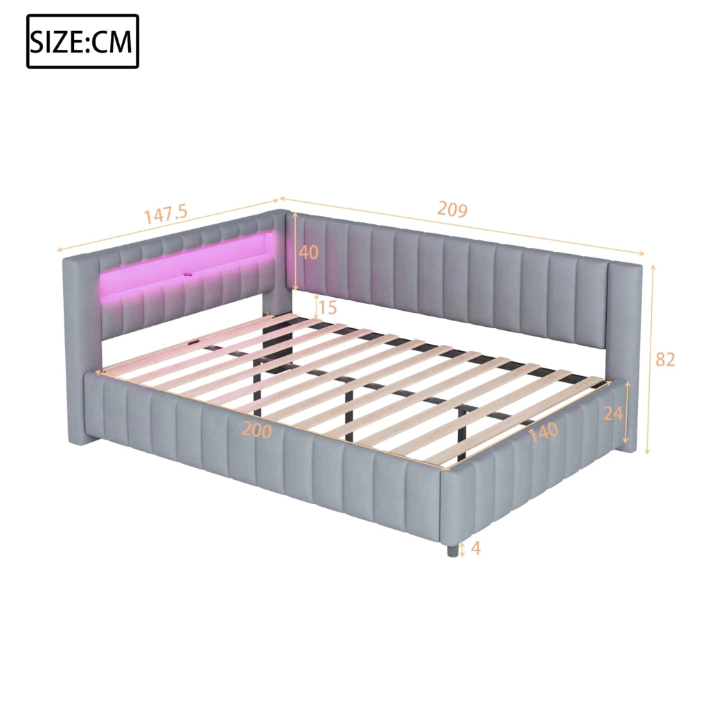 Divano letto imbottito L 140x200 in velluto con LED e USB; grigio