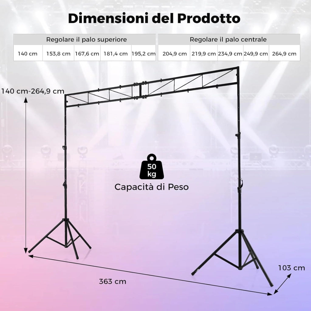 Supporto Luce a Traliccio, Traliccio Luci Regolabile in Altezza 140-264,9 cm con Piedini Antiscivolo, Treppiede Stabile in Ferro, Portata 50 kg, Pieghevole per Palco, Eventi, Feste e Concerti