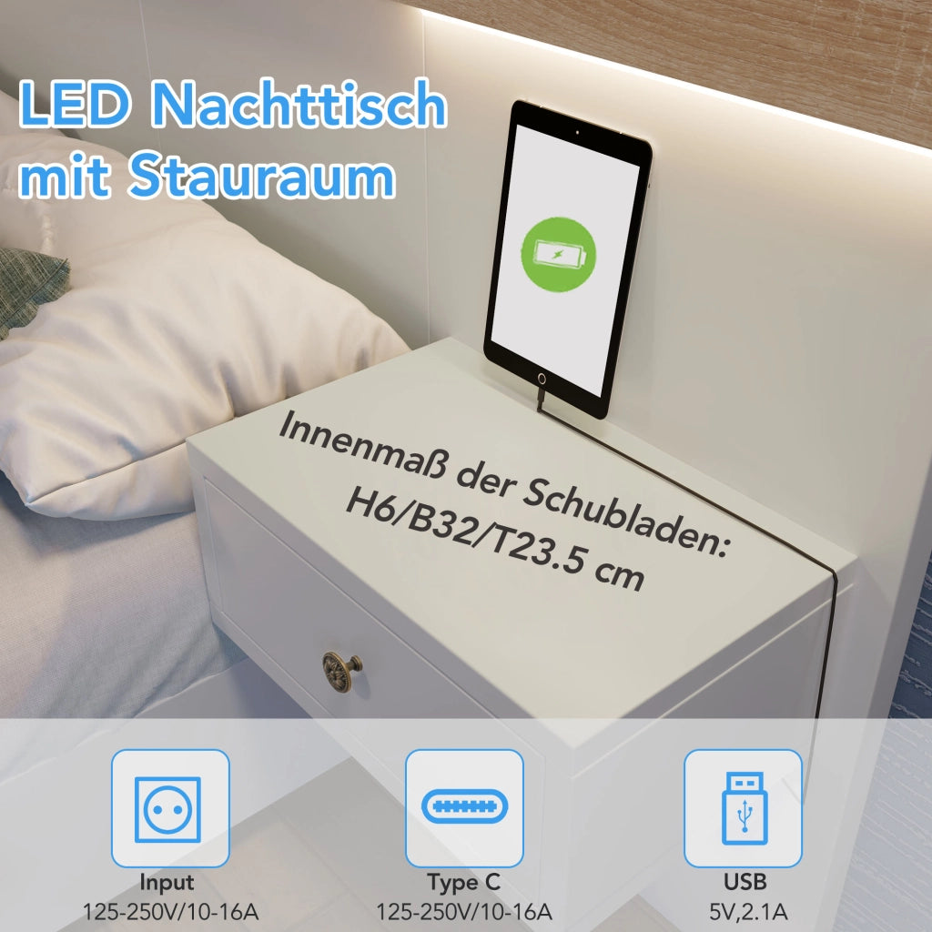 DESMIU Letto matrimoniale 2 posti con 2 comodini LED, USB, Type-C e presa EU 140 × 200 cm senza materasso
