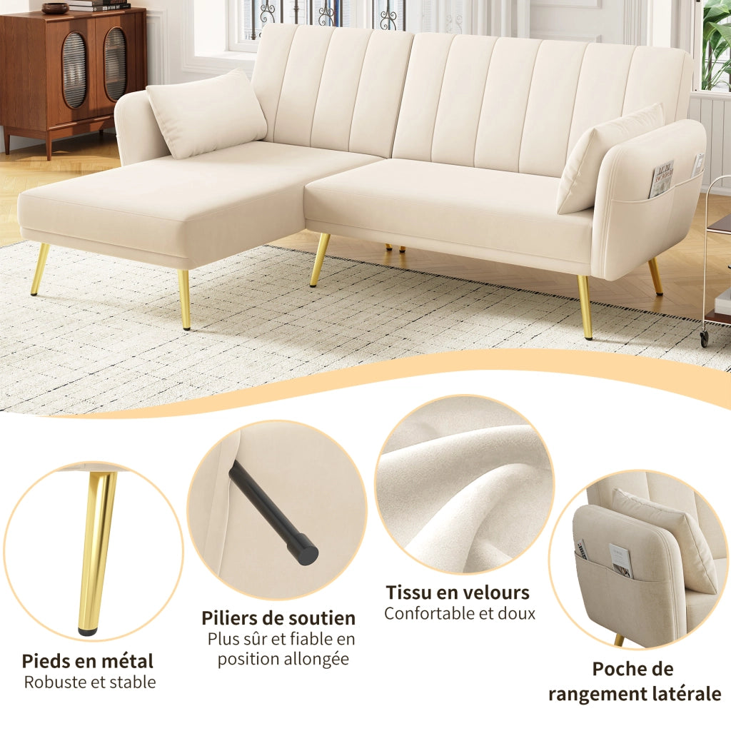 Divano angolare trasformabile 2 a 3 posti con schienale regolabile a 3 posizioni e tasche laterali in Velluto Beige