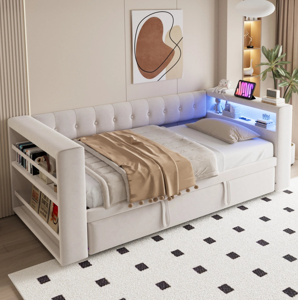 Divano letto multifunzionale 90/180x190 cm in flanella beige con LED; prese e contenitore