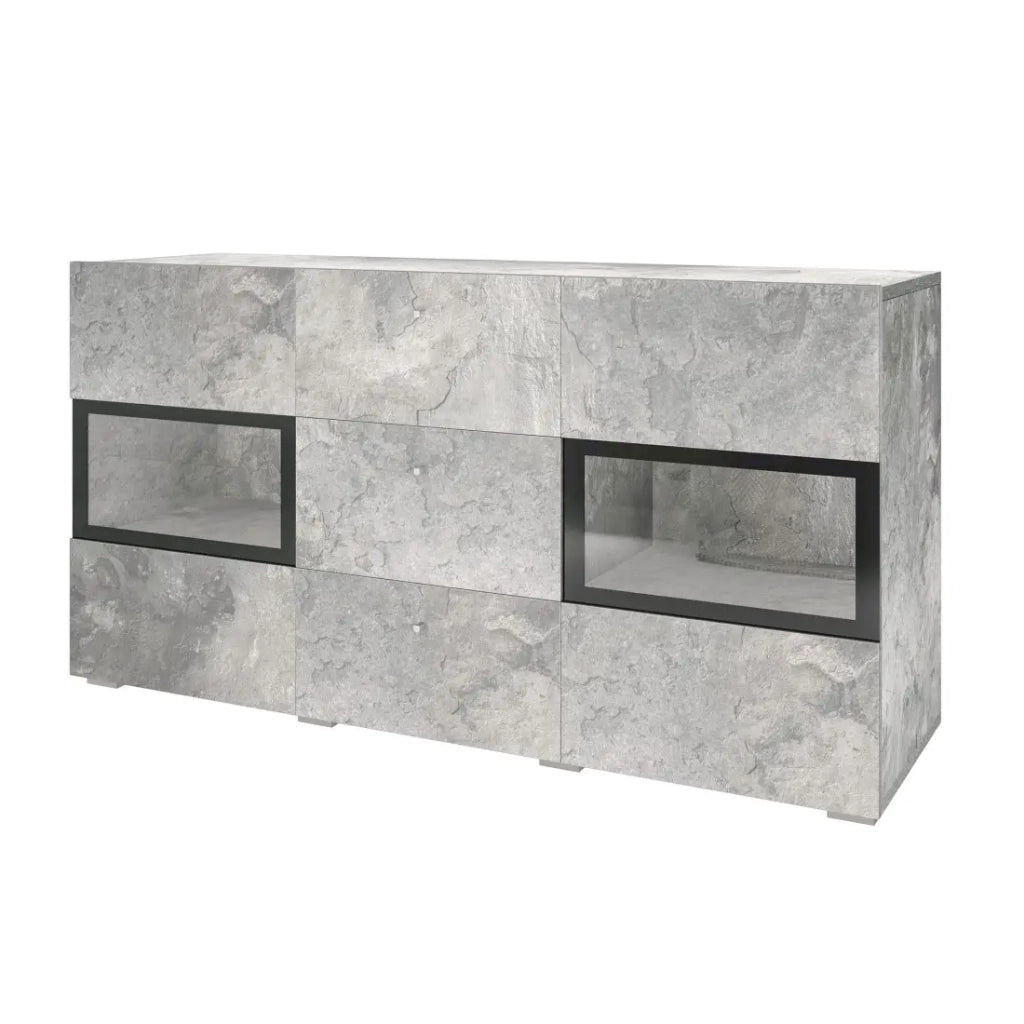 Buffet RAMOS – 2 porte in vetro + 3 cassetti – Grigio effetto cemento e nero – Senza LED