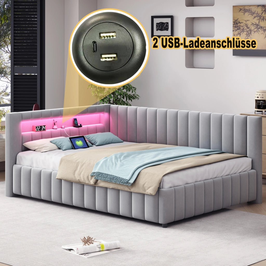 Letto imbottito a L 140x200 cm in velluto grigio con LED e porta USB