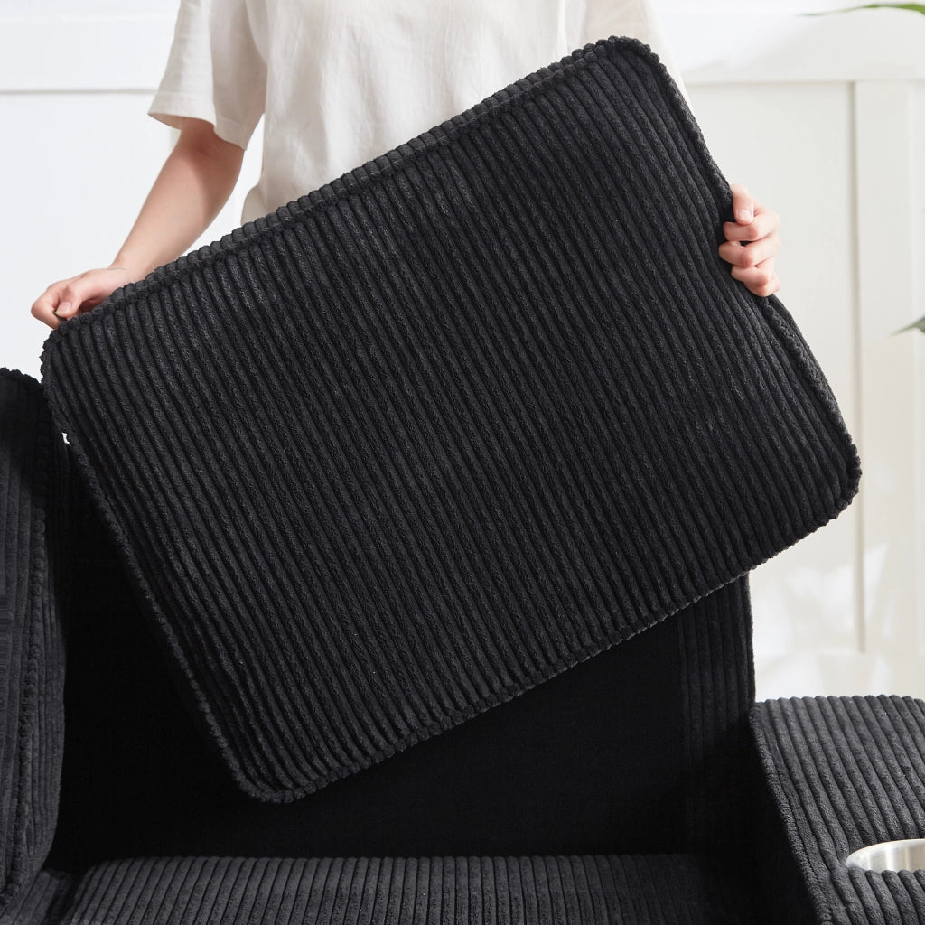 Divano a 3 posti in velluto a coste con portabicchieri e schienale ergonomico, per soggiorno e ufficio, moderno, nero