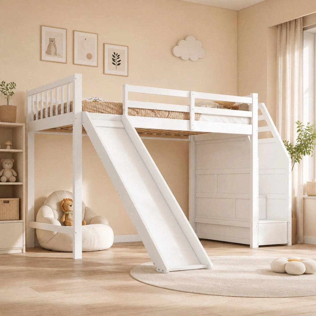 Letto a soppalco per bambini 90x200 cm con scivolo bianco