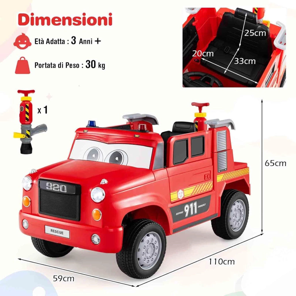 Camion dei Pompieri per Bambini, 12V Macchina Elettrica con Spruzzatore d'Acqua, Telecomando, Musica, Sirena, Luci e Avvio Morbido, Veicolo Elettrico per Bambini 3+ Anni