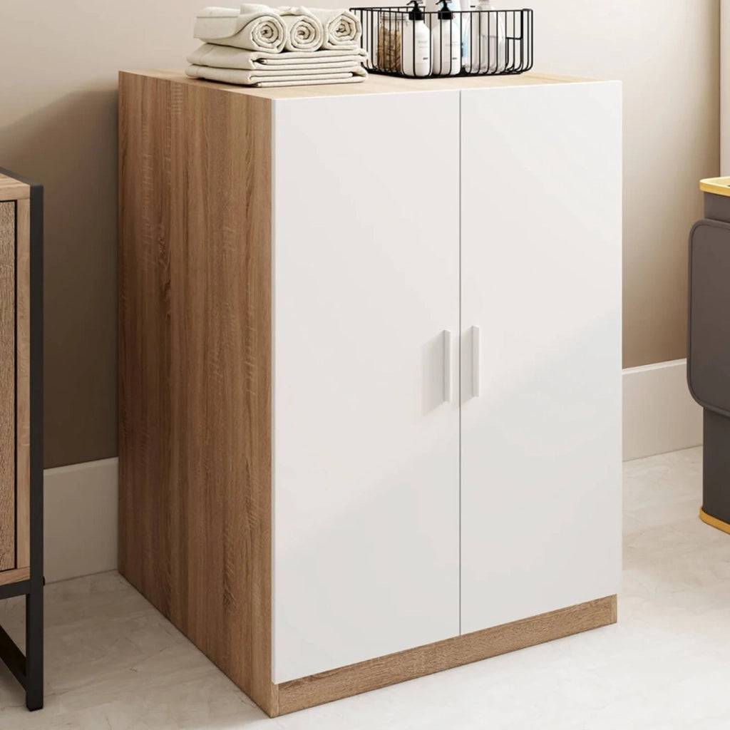 IDMarket - Armadio lavatrice con ante WALLIS in bianco e legno effetto faggio