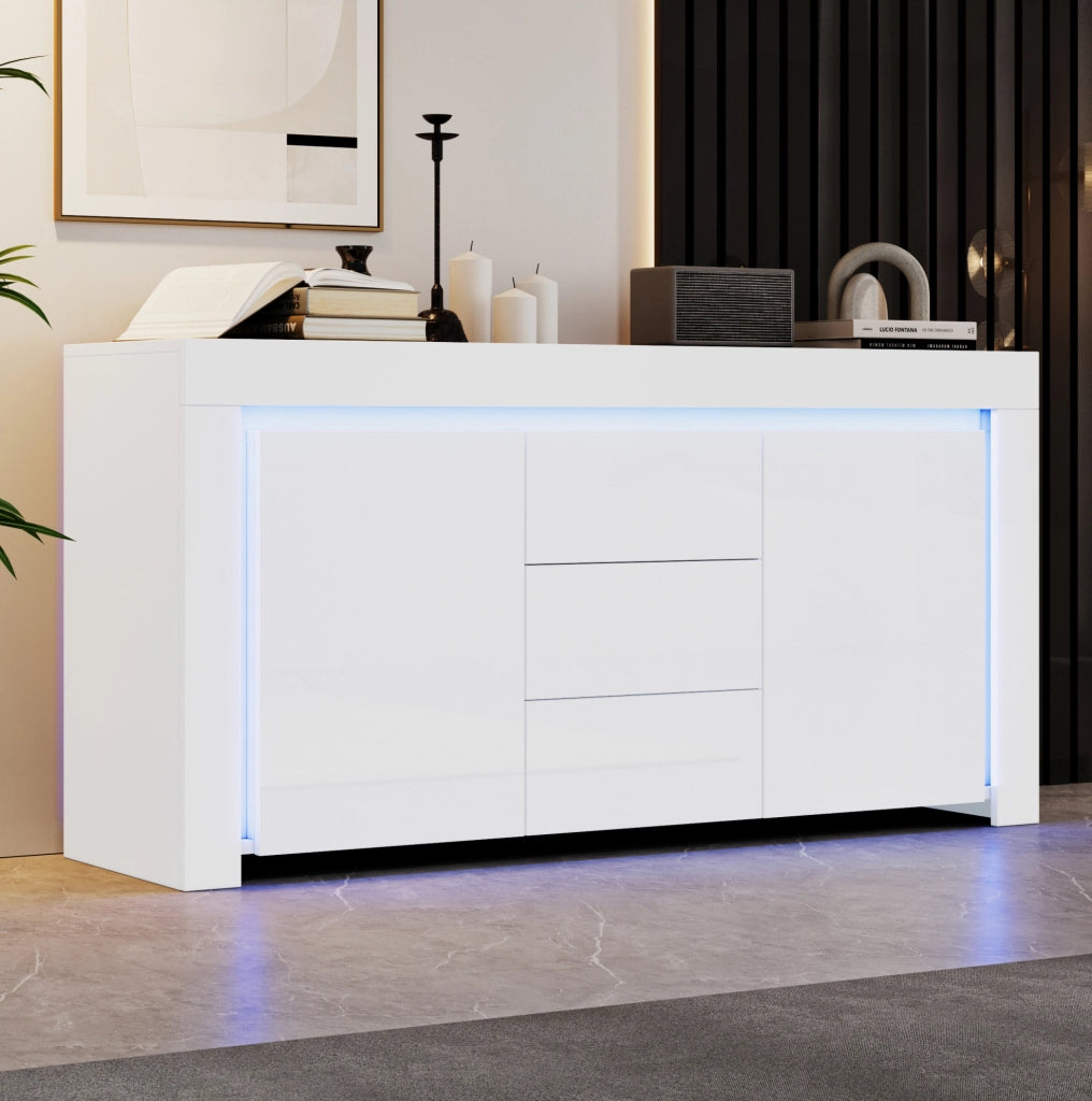 Credenza bianca lucida con 2 ante, 3 cassetti e LED