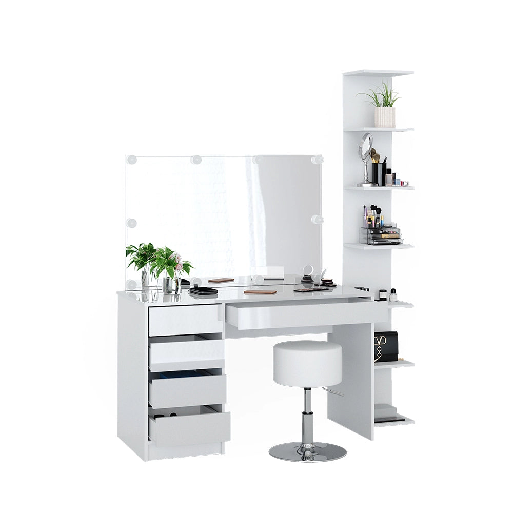 Vicco Tavolino da toilette Bianco 4 pezzi, con ripiano portaoggetti, specchio, sgabello, LED