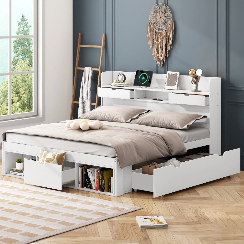 Letto 140x200 cm; porta USB e Tipo C; grande spazio contenitore; legno di pino e MDF; bianco (Senza materasso)