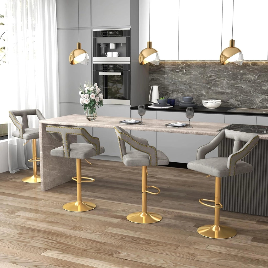 Set 2 Sgabelli da Bar in Velluto, Sedie Girevole e Regolabile con Poggiapiedi, Schienali in Forma a T, Braccioli, Base in Metallo Elettroplaccata per Cucina ad Isola e Sala da Pranzo (Grigio)