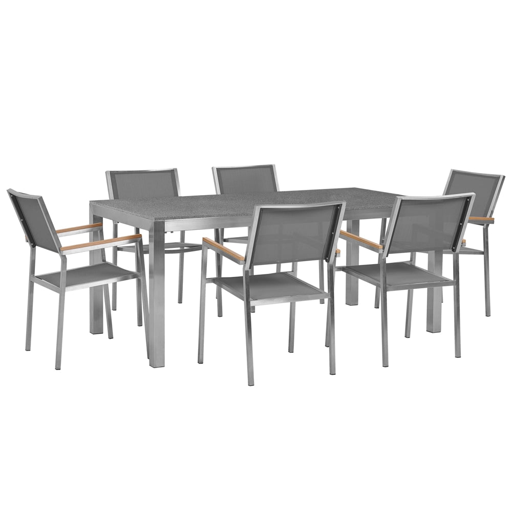 Set da pranzo da giardino grigio con piano in granito grigio 6 posti 180 x 90 cm