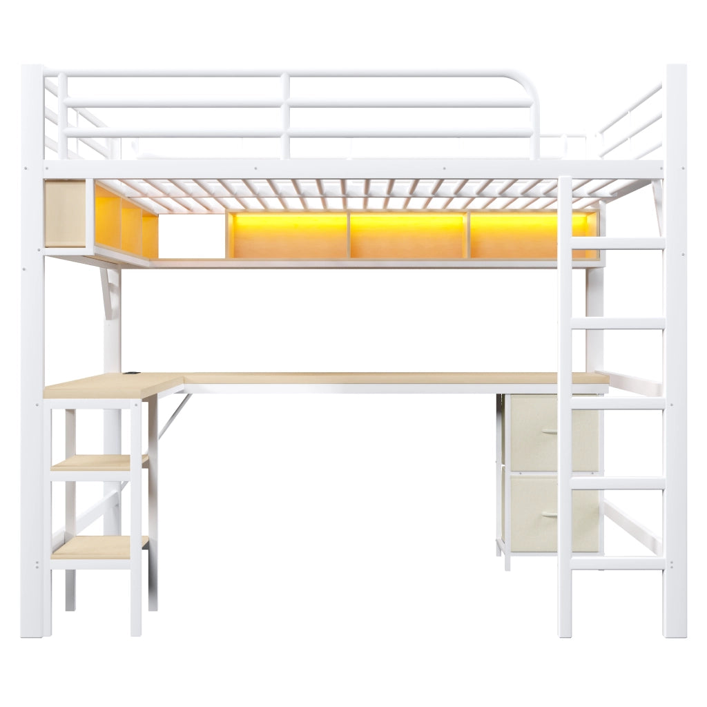 LETTO a soppalco 140x200 cm in metallo e MDF bianco con scrivania, libreria, LED e USB