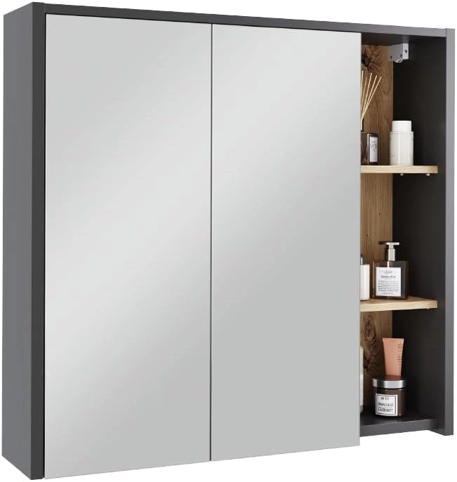 Mobile a specchio per il bagno Viola, Grigio/Artisan, 80 x 75 cm con ripiani aperti