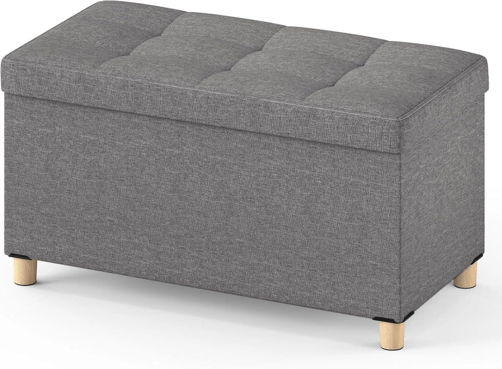 Panca Contenitore 78 L, Cassapanca Contenitore con Vassoio Reversibile e Gambe in Legno Massello, Panca Poggiapiedi Pieghevole in Tessuto di Lino per Soggiorno e Ingresso, 76 X 38 X 39 CM