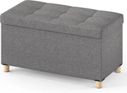 Panca Contenitore 78 L, Cassapanca Contenitore con Vassoio Reversibile e Gambe in Legno Massello, Panca Poggiapiedi Pieghevole in Tessuto di Lino per Soggiorno e Ingresso, 76 X 38 X 39 CM