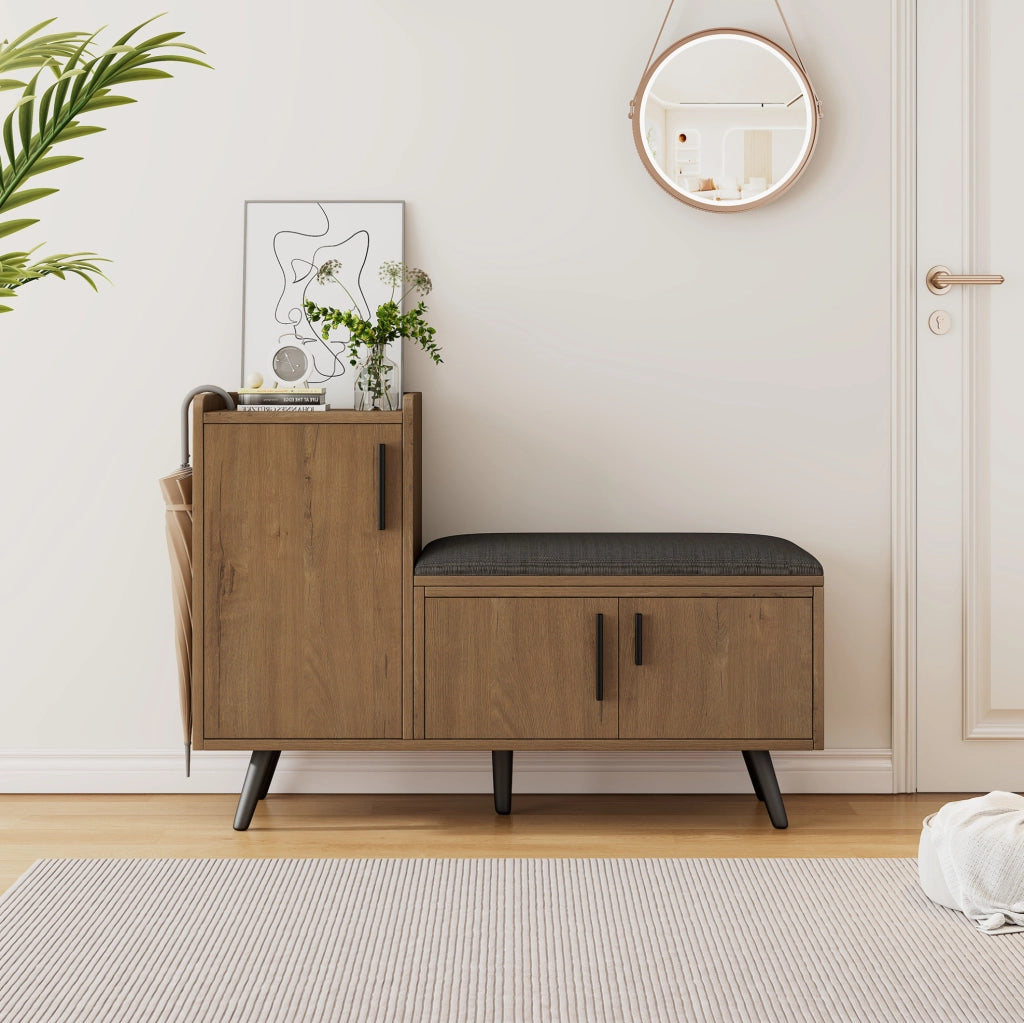 Schuhbank con seduta imbottita e ripiani interni; 100x34x68;5 cm; naturale